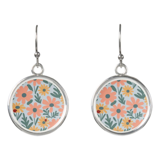 kids Cute Ladybug Polka dot Daisy Flower Pattern Earrings (Front)