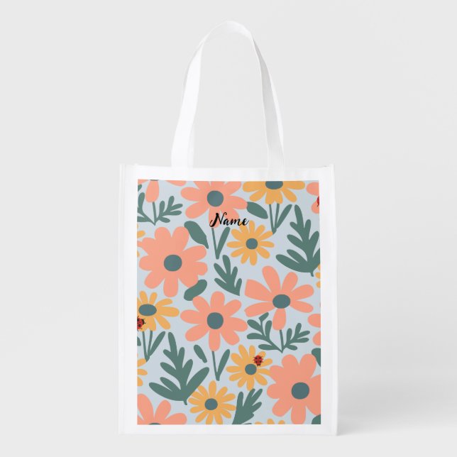 kids Cute Ladybug Polka dot Daisy Flower Pattern Grocery Bag (Front)