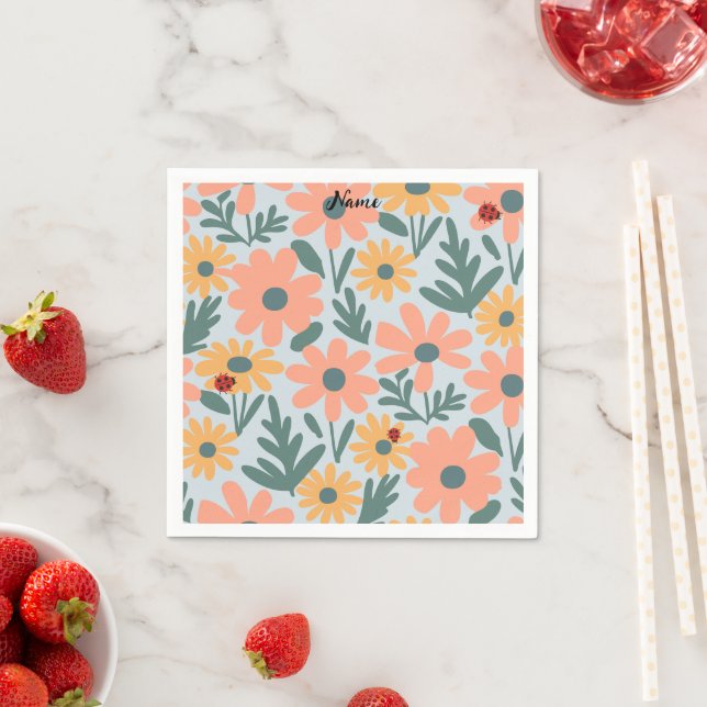 kids Cute Ladybug Polka dot Daisy Flower Pattern Napkins (Insitu)