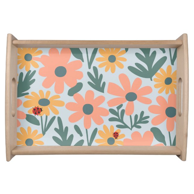 kids Cute Ladybug Polka dot Daisy Flower Pattern Serving Tray (Front)
