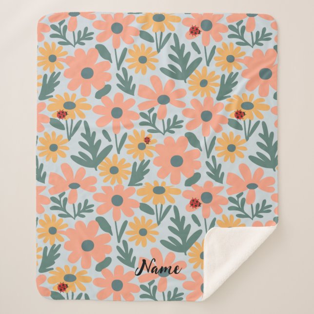 kids Cute Ladybug Polka dot Daisy Flower Pattern Sherpa Blanket (Front)