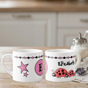 Kids cute ladybugs name initial pink espresso cup