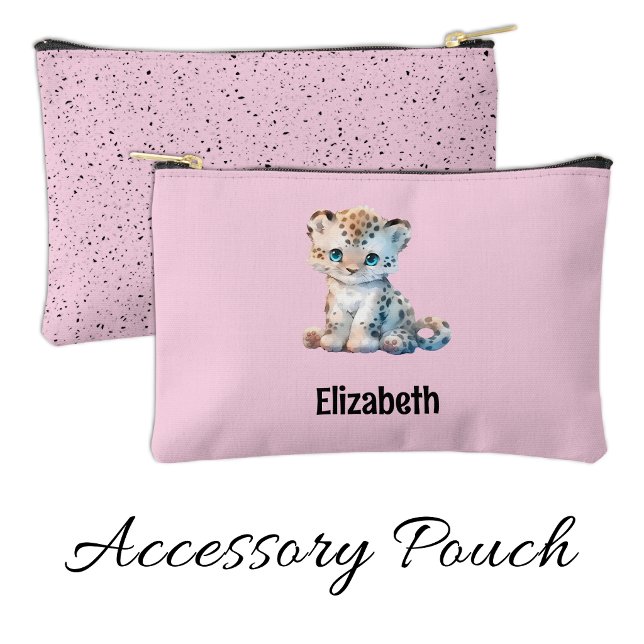 Kids cute leopard add a name pink black accessory pouch (Creator Uploaded)