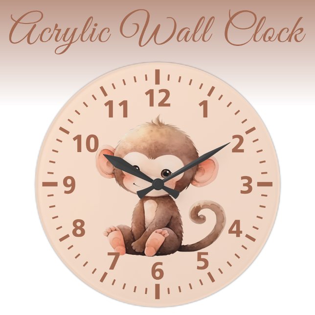 Kids cute monkey brown peach large clock (Creator Uploaded)