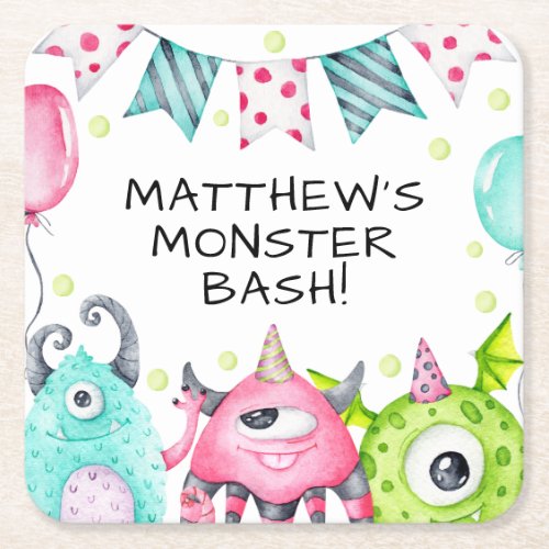 Kids Cute Monsters Birthday Party Celebration Square Paper Coaster