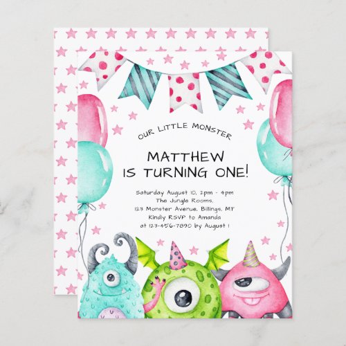 Kids Cute Monsters Birthday Party Invitation