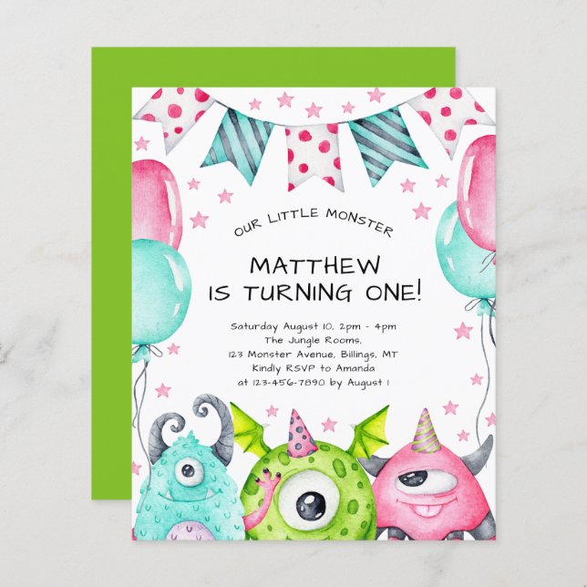 Kids Cute Monsters Birthday Party Invitation (Front/Back)