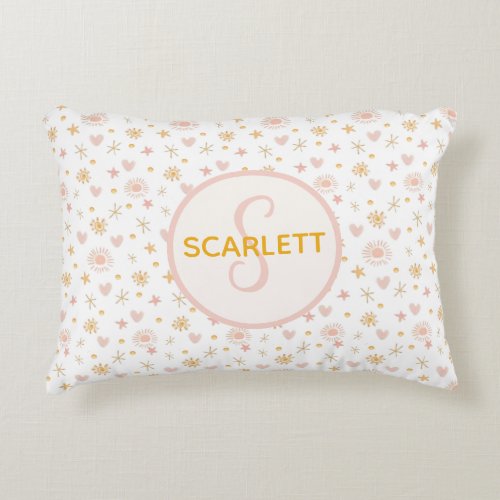 Kids Cute Name Pink Orange Pattern of Suns Hearts  Accent Pillow
