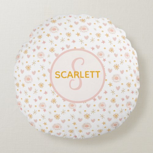 Kids Cute Name Pink Orange Pattern of Suns Hearts  Round Pillow