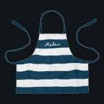 Kids Cute Navy Blue Stripes Personalized Craft Apron<br><div class="desc">Your child will love crafting or helping you cook in this Kid's Cute Navy Blue Stripes Personalized Craft Apron. This modern design has wide horizontal stripes on all-over-print apron and name is in white whimsical lettering across the top. Perfect for kids to help with crafts, baking or cooking. CLICK PERSONALIZE...</div>