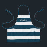 Kids Cute Navy Blue Stripes Personalized Craft Apron<br><div class="desc">Your child will love crafting or helping you cook in this Kid's Cute Navy Blue Stripes Personalized Craft Apron. This modern design has wide horizontal stripes on all-over-print apron and name is in white whimsical lettering across the top. Perfect for kids to help with crafts, baking or cooking. CLICK PERSONALIZE...</div>