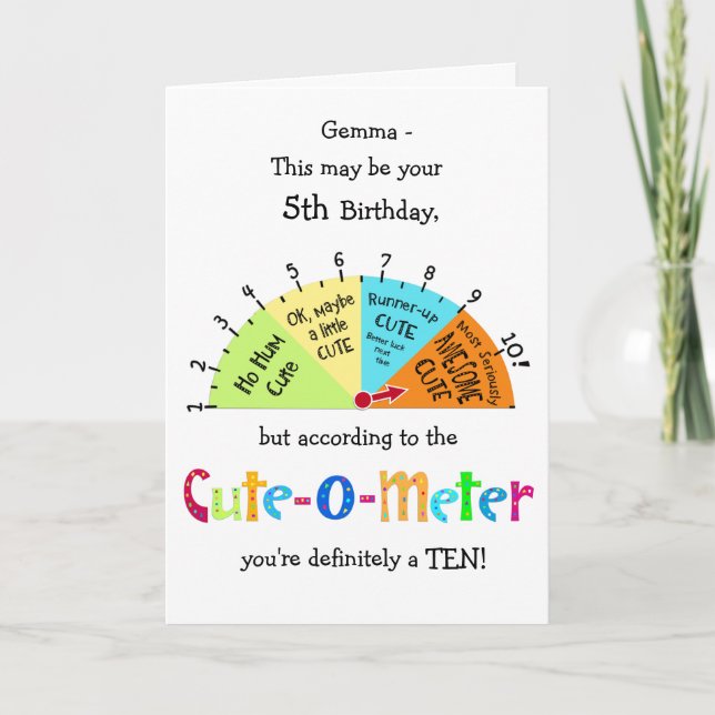 Kids Cute-O-Meter Funny 5th Birthday Greeting Card (Front)