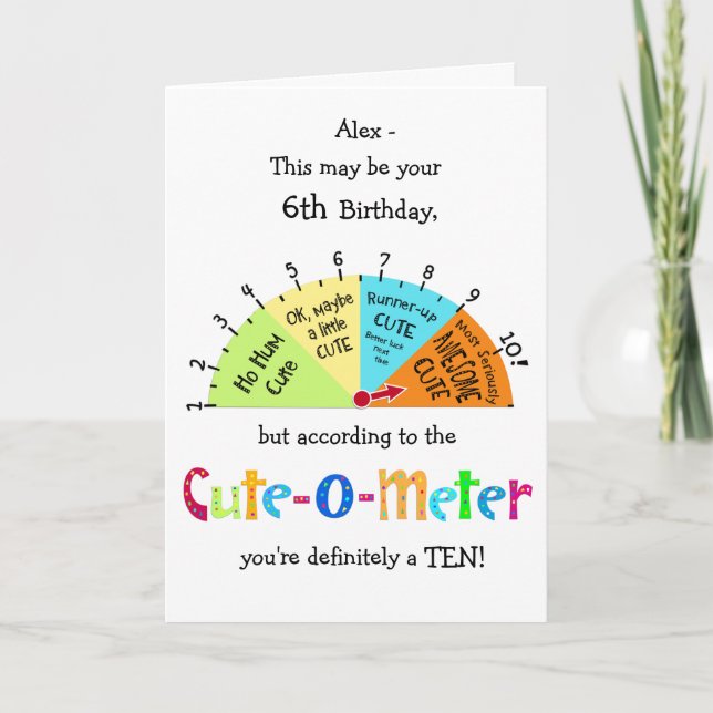 Kids Cute-O-Meter Funny 6th Birthday Greeting Card (Front)
