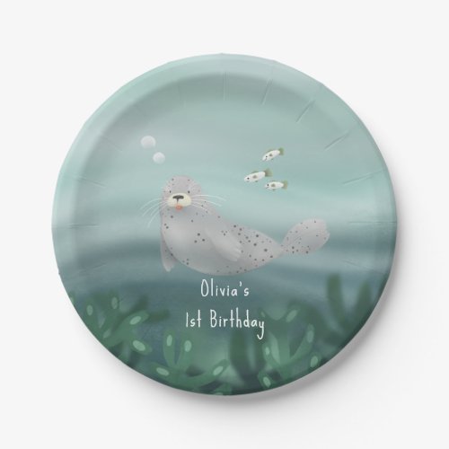 Kids Cute Ocean Seal 1st Birthday Paper Plates