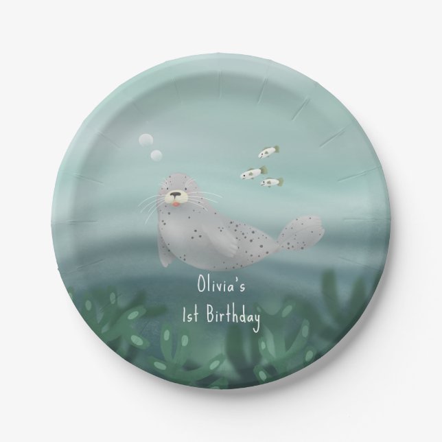 Kids Cute Ocean Seal 1st Birthday Paper Plates (Front)