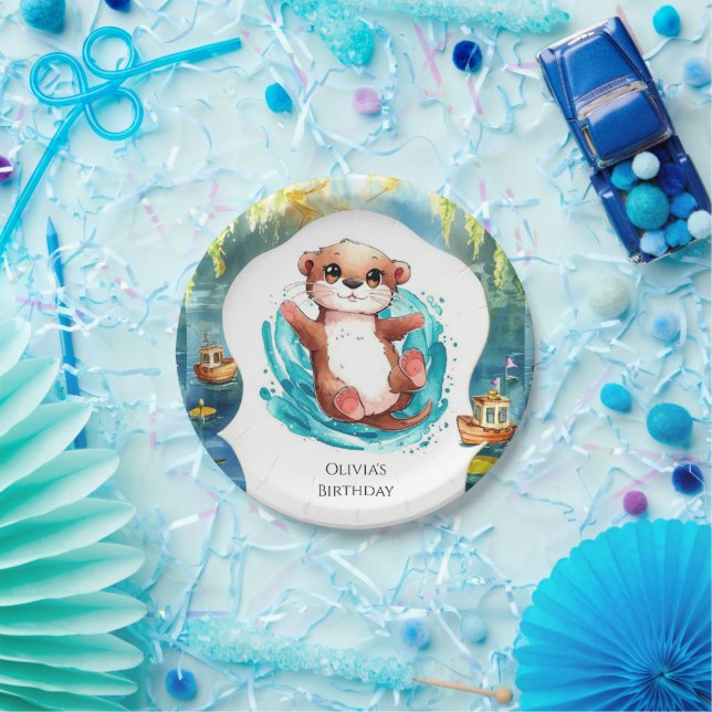 Kids Cute Otter Birthday Paper Plates (Party)
