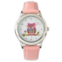 Kids cute owl art colorful wrist watch pink strap