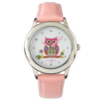 Kids cute owl custom name wrist watch pink strap