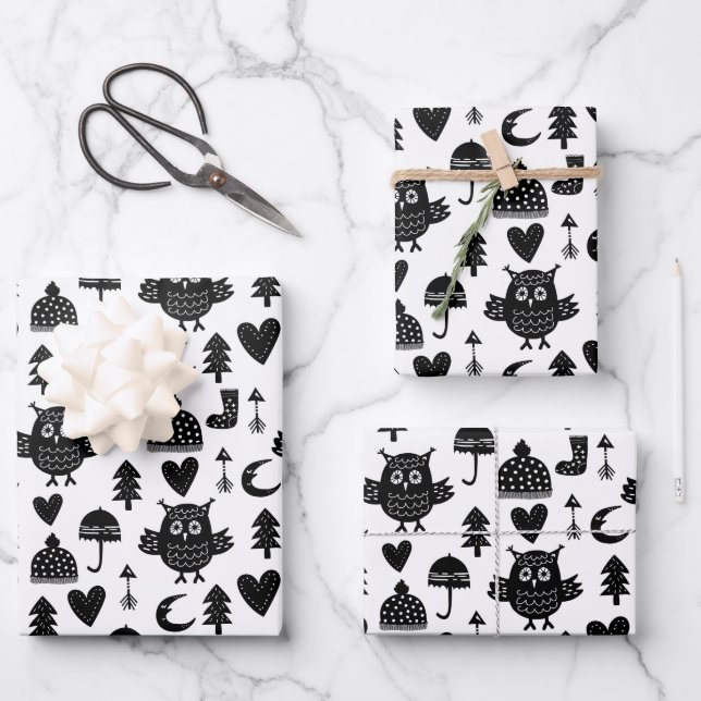 Kids Cute Owl Moon Heart Umbrella Winter Hat Wrapping Paper Sheets (Front)