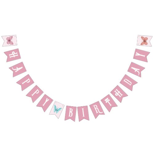 Kids Cute Pink Butterfly Birthday Bunting Flags