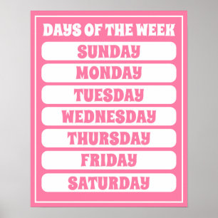Kids Cute Pink Days Of The Week Learning Girl Room Poster