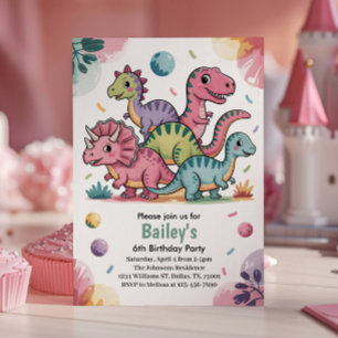 Kids Cute Pink Dinosaur 6th Birthday Party Invitation