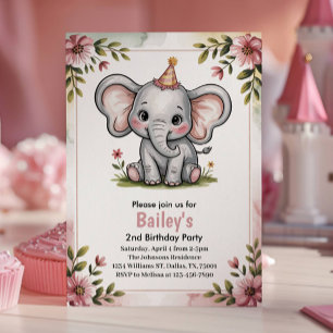 Kids Cute Pink Elephant 2nd Birthday Party Invitation