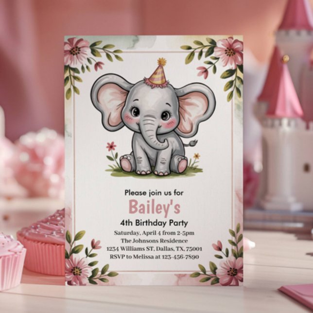 Kids Cute Pink Elephant 4th Birthday Party Invitation (Creator Uploaded)