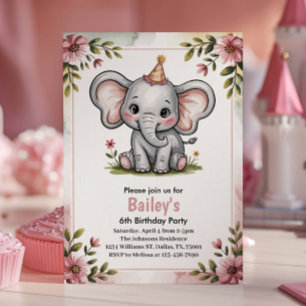 Kids Cute Pink Elephant 6th Birthday Party Invitation