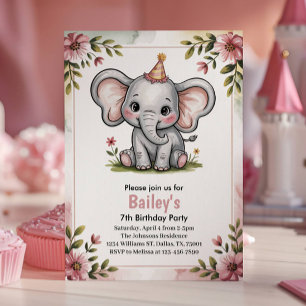 Kids Cute Pink Elephant 7th Birthday Party Invitation