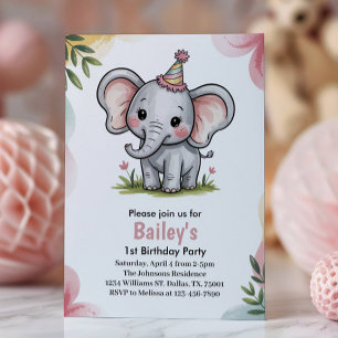 Kids Cute Pink Elephant Birthday Party Invitation