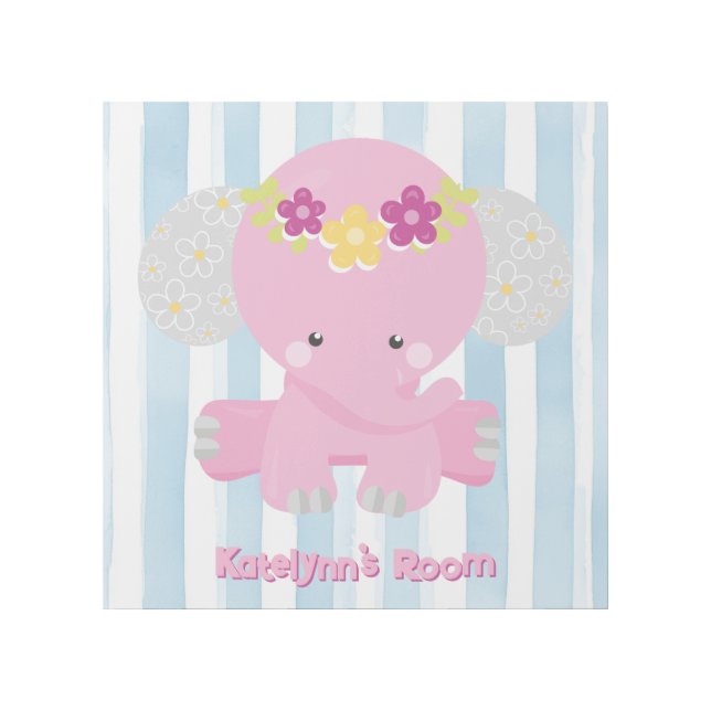 Kids Cute Pink Elephant Wall Art Personalized Name (Front)