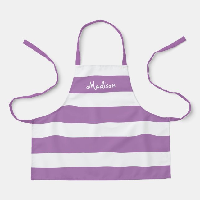 Kids Cute Purple and White Striped Personalized Apron (Front)