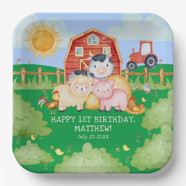 Kid's Cute Red Barnyard Farm Animals  Paper Plates (Front)