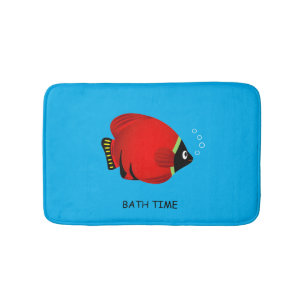 Kids Cute Red Fish on Blue Bath Mat