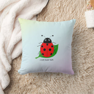 Kids Cute Red ladybug and green leaf on gradient Throw Pillow