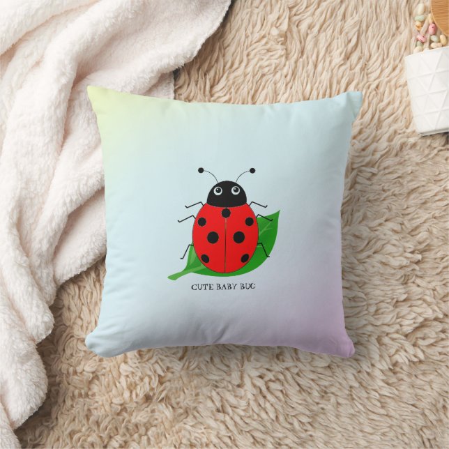 Kids Cute Red ladybug and green leaf on gradient Throw Pillow (Blanket)