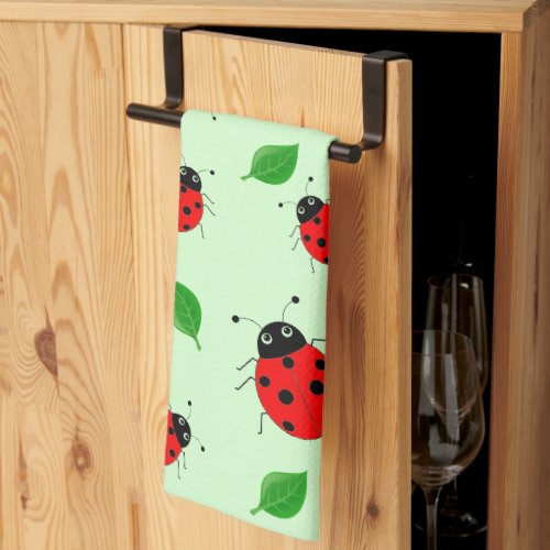 Kids Cute Red ladybug and green leave on gradient Kitchen Towel