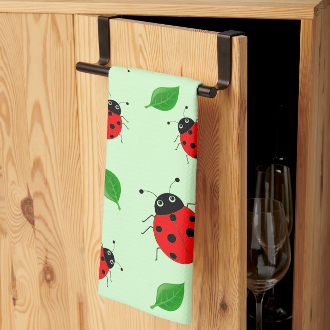 Kids Cute Red ladybug and green leave on gradient Kitchen Towel (Thirds Fold)