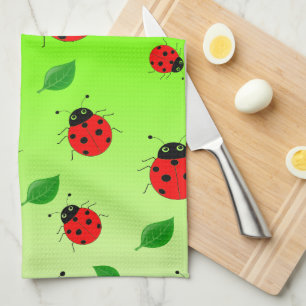 Kids Cute Red ladybug and green leave on gradient Kitchen Towel