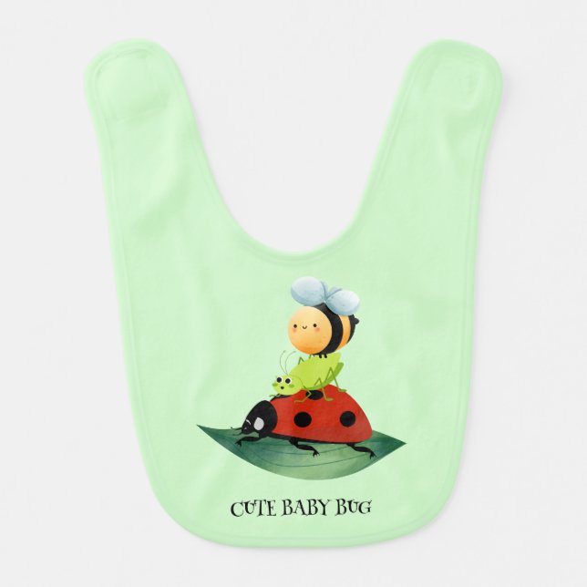 Kids Cute Red ladybug Bee bug insect on green leaf Baby Bib (Front)