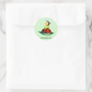 Kids Cute Red ladybug Bee bug insect on green leaf Classic Round Sticker