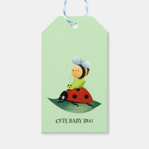 Kids Cute Red ladybug Bee bug insect on green leaf Gift Tags