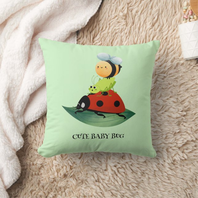 Kids Cute Red ladybug Bee bug insect on green leaf Throw Pillow (Blanket)