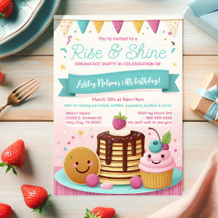 Kids Cute Rise and Shine Breakfast Birthday Party Invitation
