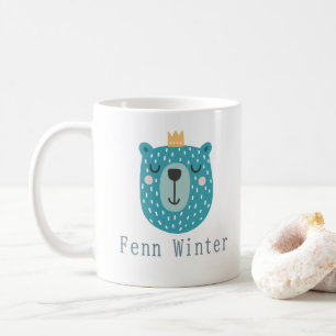 Kids Cute Scandi Blue Bear with crown Custom Name Coffee Mug