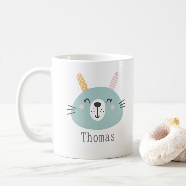 Kids Cute Scandi Bunny Custom Name  Coffee Mug (With Donut)