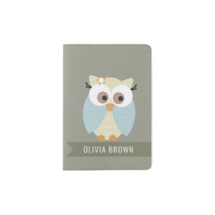 KIDS CUTE SKY BLUE GREY CHEERFUL OWL MONOGRAM PASSPORT HOLDER