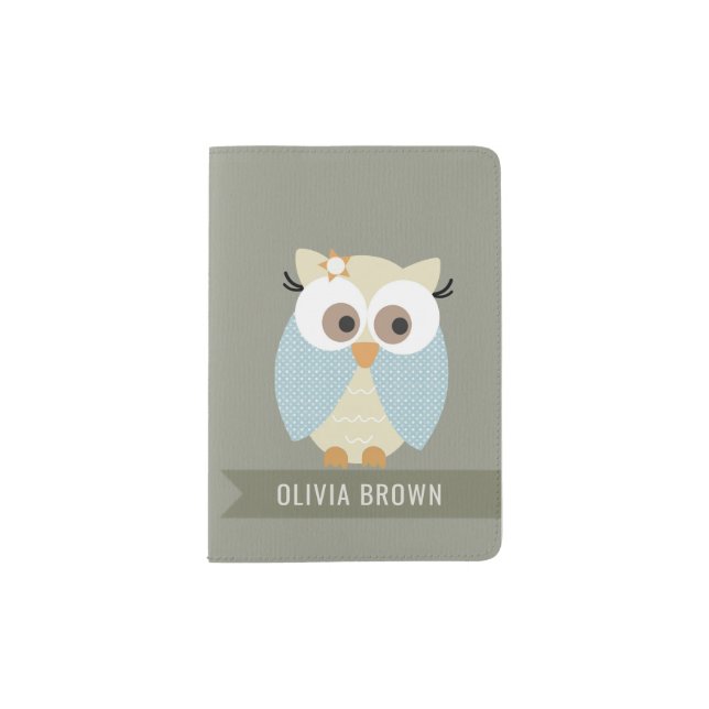 KIDS CUTE SKY BLUE GREY CHEERFUL OWL MONOGRAM PASSPORT HOLDER (Front)