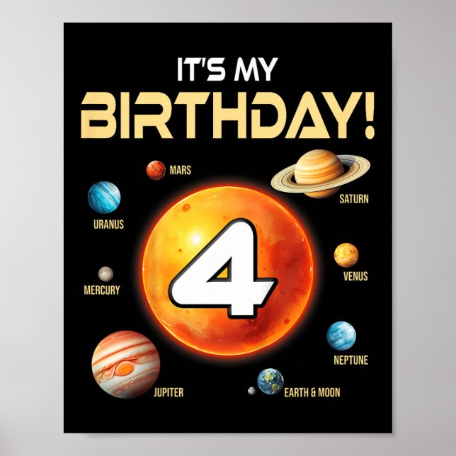 Kids Cute Solar System 4th Birthday Four Years Old Poster (Front)